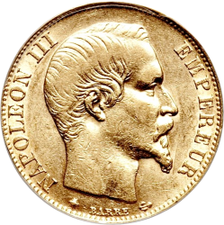 Златна монета 20 Френски Франка Наполеон III  (1853-1860)